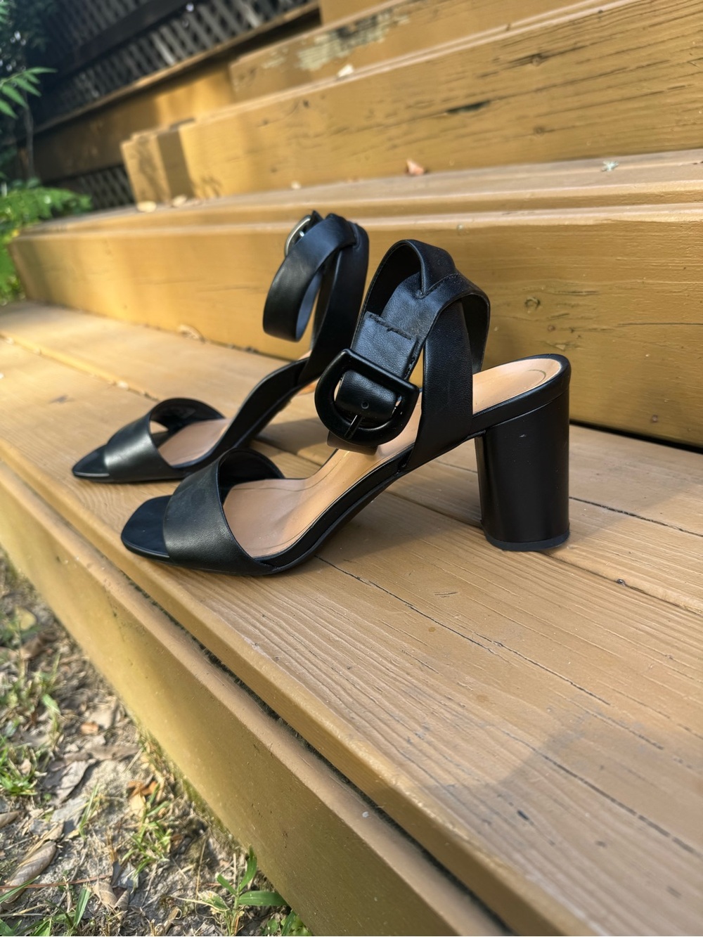 Black Women's Block Heel Sandals with Ankle Buckle
